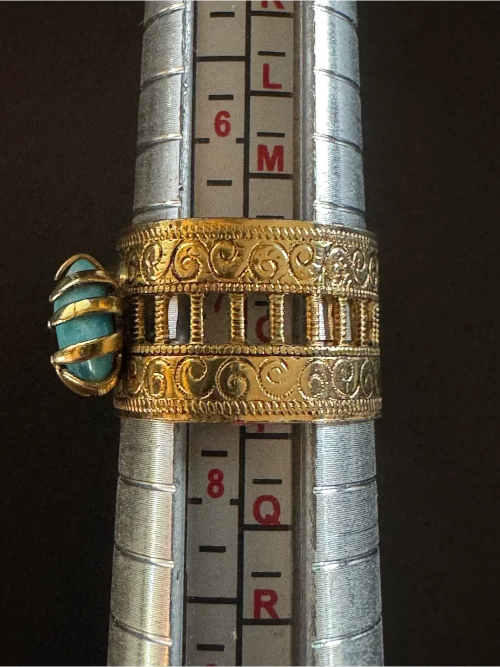 Gold Tone Turquoise Blue Wide Band Claw Prong Statement Ring - Size 7